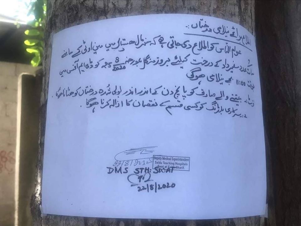 ایں گلِ دیگر شگفت، سنٹرل ہسپتال میں درختوں کی کٹائی کا اشتہار جاری