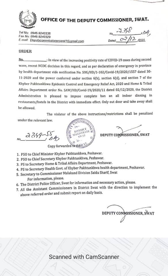 سوات، 9 افراد میں کورونا کی تصدیق، ریسٹورنٹ ودیگر جگہوں میں بیٹھنے پر پابندی