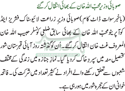 صوبائی وزیر محب اللہ خان کے بھائی انتقال کرگئے